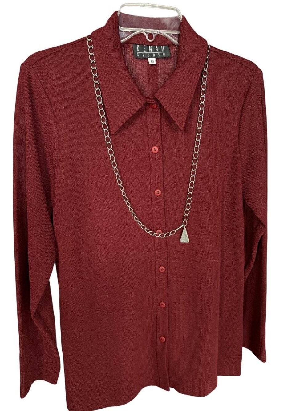 Vintage Kenar Studio Size 10  Womens Burgundy Ribbed Button Top with Necklace